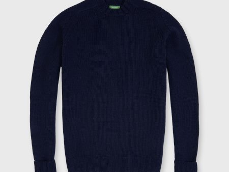 Hand-Knit Luxe Crewneck Sweater in Navy Escorial Wool Sale