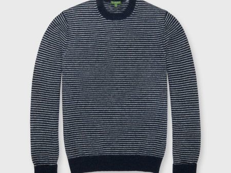 Brushed Crewneck Sweater in Mist Navy Stripe Alpaca Wool Blend on Sale