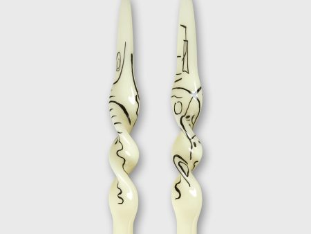 Hand-Painted Twist Taper Candles (Set of 2) in Line Drawing on Sale